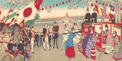 Bezoek van de keizerin aan de derde nationale industriële promotietentoonstelling in Ueno Park. door Chikanobu Yoshu