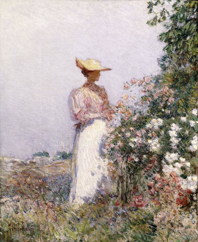 Dame in Bloementuin door Childe Frederick Hassam