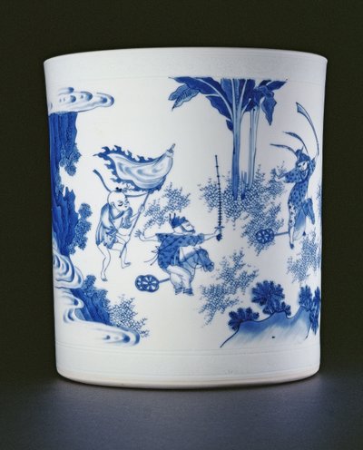 Blauw-witte penseelpot beschilderd met een dame en jongens die op stokpaardjes spelen, Chongzheng, 1630-44 (porselein) door Chinese School