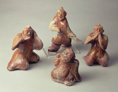 Vroege Chinese groep van vier entertainers van aardewerk, grafartefact, Han-dynastie, 25-220 n.Chr. door Chinese School