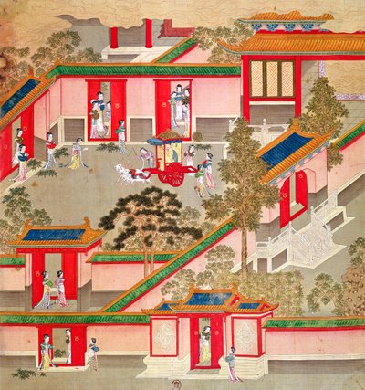 Keizer Wu Ti (156-87, r.141-87 v.Chr.) verlaat zijn paleis, uit een geschiedenis van Chinese keizers door Chinese School