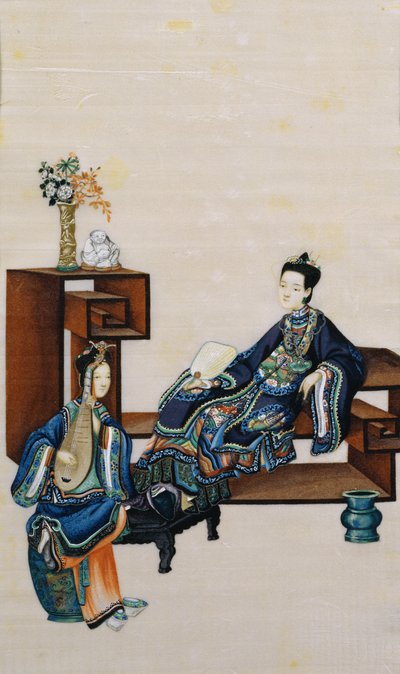 Dame liggend met een dienaar die een muziekinstrument bespeelt door Chinese School