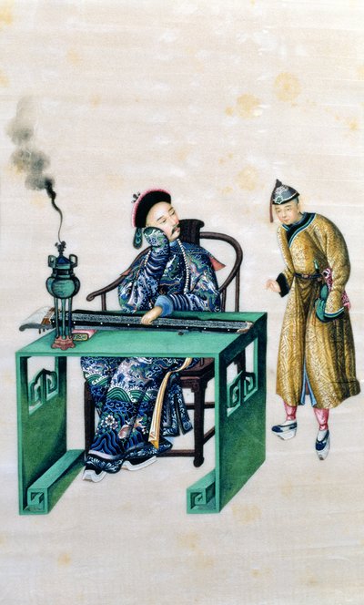 Man met een lange citer aan een tafel, met een dienaar door Chinese School