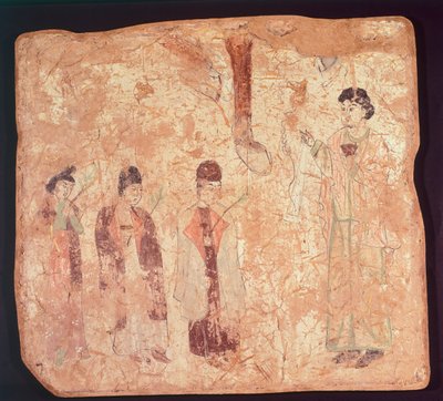 Nestoriaans onderwerp, mogelijk Palmzondag, muurschildering uit de Cristano Qoco-tempel, Xinjiang, China, Chinese beschaving, Tang-dynastie, eind 9e eeuw door Chinese School