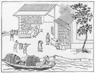 Porseleinen winkels en boten voor transport van porselein, uit een serie illustraties over de productie van porselein door Chinese School