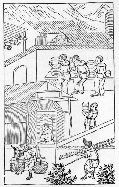 Scène van activiteiten in een porseleinfabriek, uit een serie illustraties over de productie van porselein door Chinese School