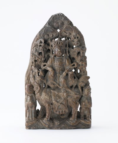 Kleine speksteentablet met opengewerkte reliëf van Manjusri op leeuw, Periode van de Verdeling, 543 AD door Chinese School