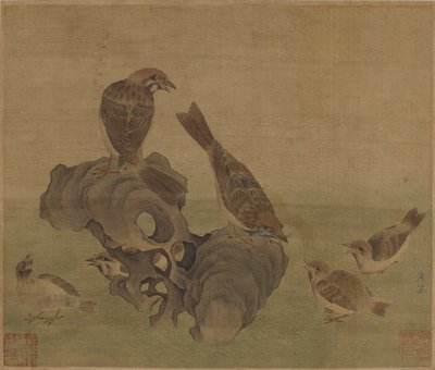 Mussen voeden hun jongen, Ming of Qing-dynastie door Chinese School