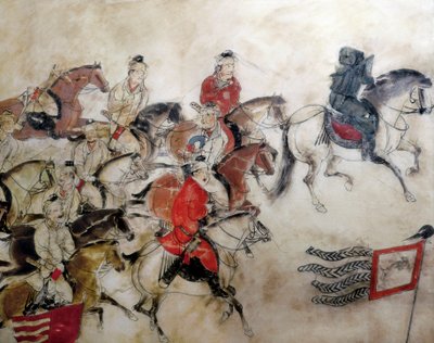 Graf van Prins Zhanghuai, jachtscène met paarden, Xian, Han-periode, 706 (muurschildering) door Chinese School