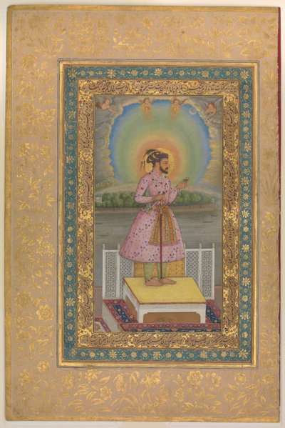 Shah Jahan op een terras, met een hanger met zijn portret, folio uit het Shah Jahan Album, recto: 1627-28 door Chitarman