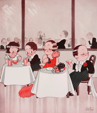 Stadsmuizen en plattelandsmuizen, verfijnde burgers vs ongeraffineerde plattelanders, restaurantscène, tekening door Chloe Preston (1887-1969) uit The Tatler, nr. 1384, januari 4 door Chloe Preston