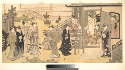 Een vermomde scène uit Het verhaal van Genji (Fūryū Yatsushi Genji), hoofdstuk 33, „Bladeren van blauweregen (Fuji no uraba)” door Chobunsai Eishi