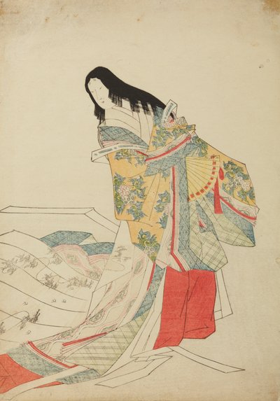 Staande hofdame met waaier, plaat uit het album: Nishiki-zuri onna sanju e-zukushi door Chobunsai Eishi