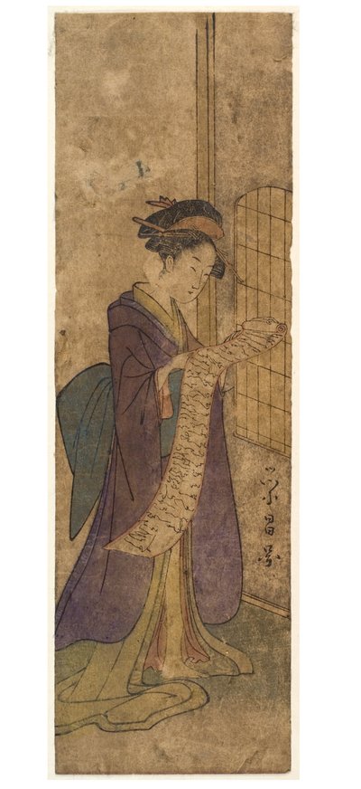 Dame leest een lange rolbrief door Chobunsai Eishi