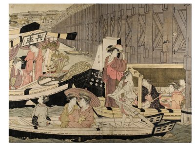 Scène op de Sumida-rivier (van een pentaptych) door Chobunsai Eishi