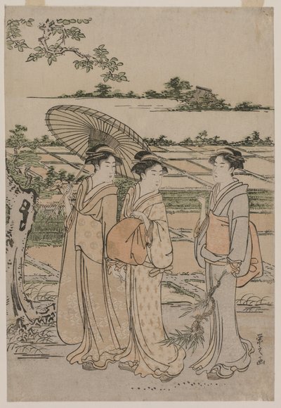 Drie vrouwen wandelend op het platteland door Chobunsai Eishi