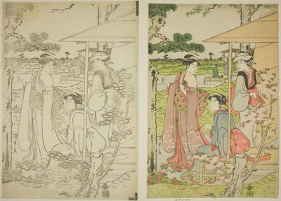 Kersenbloesems Bekijken vanuit een Theehuis op Asuka-heuvel door Chobunsai Eishi