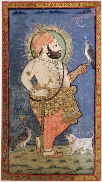 Maharana Bhim Singh van Mewar met een Valk, Udaipur (Mewar) Rajasthan, ca. 1805 door Chokha