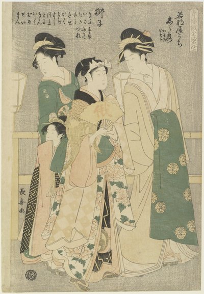Drie courtisanes van Wakafune-ya House: Shiratsuyu, Isono en Isoji, ca. 1794 door Choki Eishusai
