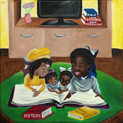 Een gezin dat samen leest, 2015 (acryl op doek) door Chris Fabor