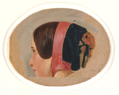 Portret van jong meisje met kap, profiel naar links door Christen Dalsgaard