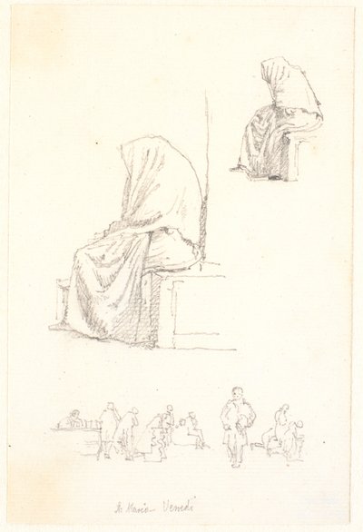 Schetsblad met studies van zittende oude vrouw en biddende figuren door Christen Købke