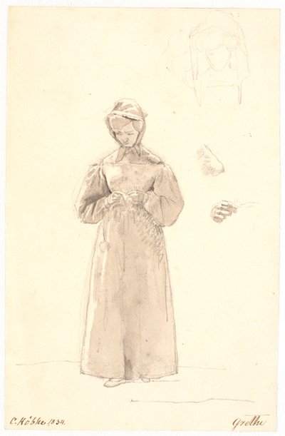 Studie van de zus van de kunstenaar Cecilie Margrethe, rechts twee schetsen van haar hoofd en schetsen van haar hals en schouder en van haar rechterhand door Christen Købke