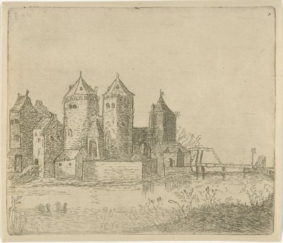 Gezicht op een kasteel met een slotgracht door Christiaan Friedrich Ruppe