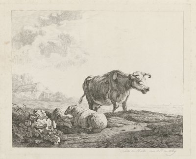 Landschap met een koe en twee schapen door Christiaan Godfried Schutze van Houten