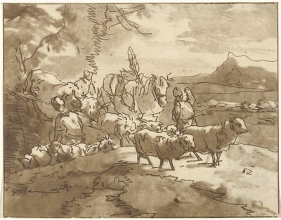 Landschap met herders en vee door Christiaan Josi