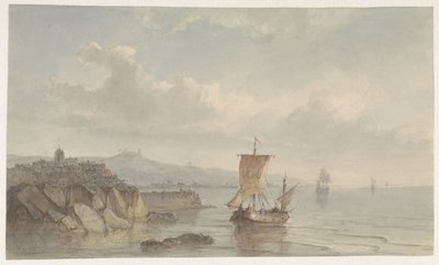 Kustlandschap met haven en schepen op het water door Christiaan Lodewijk Willem Dreibholtz