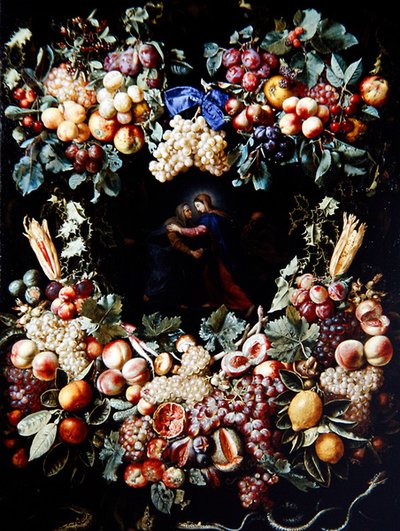 De Visitatie in een krans van fruit door Christiaan Luykx or Luycks