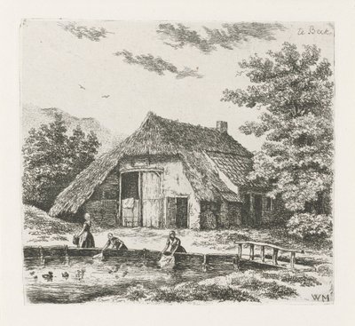 Drie vrouwen doen de was in Beek door Christiaan Wilhelmus Moorrees