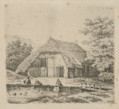 Drie vrouwen doen de was in Beek door Christiaan Wilhelmus Moorrees