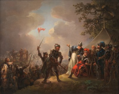 De Legende van de Deense Vlag. De Dannebrog valt uit de lucht tijdens de Slag bij Lyndanise, 18e eeuw door Christian August Lorentzen