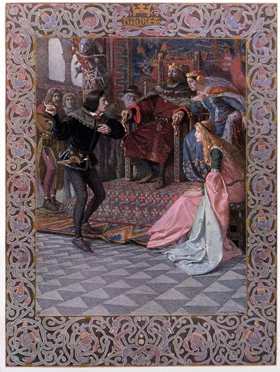 Hamlet voor Koning Claudius, Koningin Gertrude en Ophelia, scène uit 