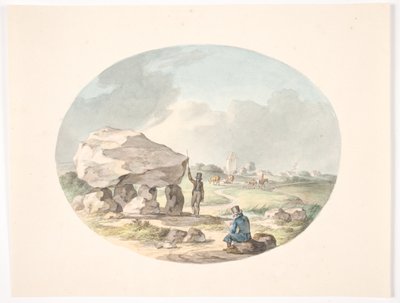 Hunebed buiten een dorp met een kerk door Christian David Gebauer