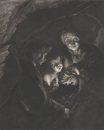 Nachtelijke scène in een grot met een oude vrouw die brandende kolen in een pot houdt, een jongen die blaast door Christian Friedrich Boëtius