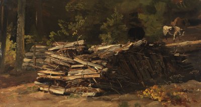 Duits: Holzstoß am Waldrand Houten stapel aan de rand van het bos door Christian Friedrich Gille