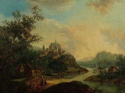 Een Rijnlands Uitzicht met Figuren op de Voorgrond en een Versterkte Stad op een Heuvel door Christian Georg II Schutz or Schuz