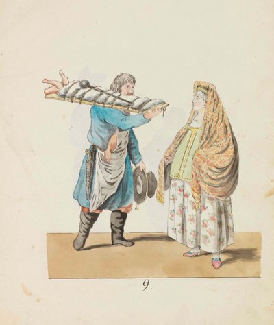 Slager met varken op de plank en koopvrouw uit de serie De St. Petersburg... door Christian Gottfried Heinrich Geissler