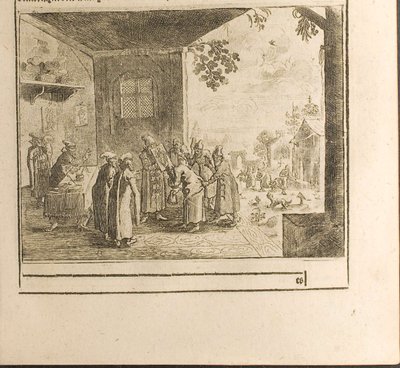 Illustratie van de eedceremonie van het hof uit Reizen naar de grote hertog van Muscovy en de koning van Perzië door Christian Lorenzen Rothgiesser