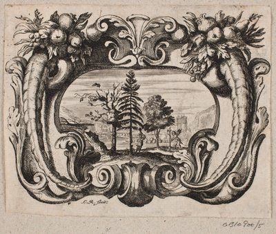Embleem met een tuinman en een amorin die een boom plant door Christian Rothgiesser