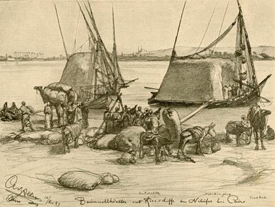 Katoen laden op graanboten, Rivier de Nijl, Caïro, Egypte, 1898 door Christian Wilhelm Allers