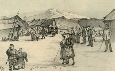 Marktplaats, Tsingtao, China, 1898 door Christian Wilhelm Allers