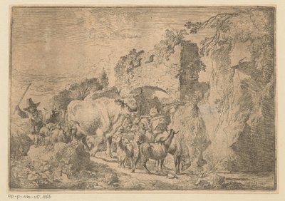 Herder met kudde bij een ruïne door Christian Wilhelm Ernst Dietrich