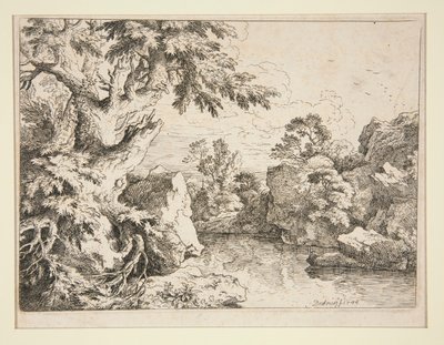 Landschap met vijver omzoomd door rotsen en bomen door Christian Wilhelm Ernst Dietrich