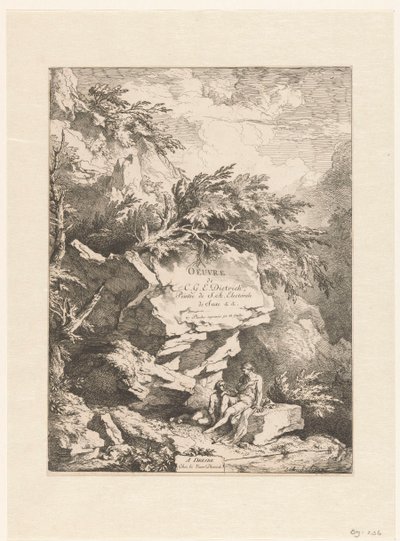 Rotslandschap met twee figuren rustend op een steen door Christian Wilhelm Ernst Dietrich
