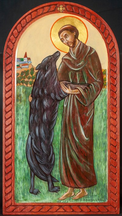 Franciscus en de wolf, 2004 (eitempera, hout, bladgoud) door Christine Hales