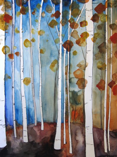 Herfstberken, blauwe lucht door Christine Lindstrom